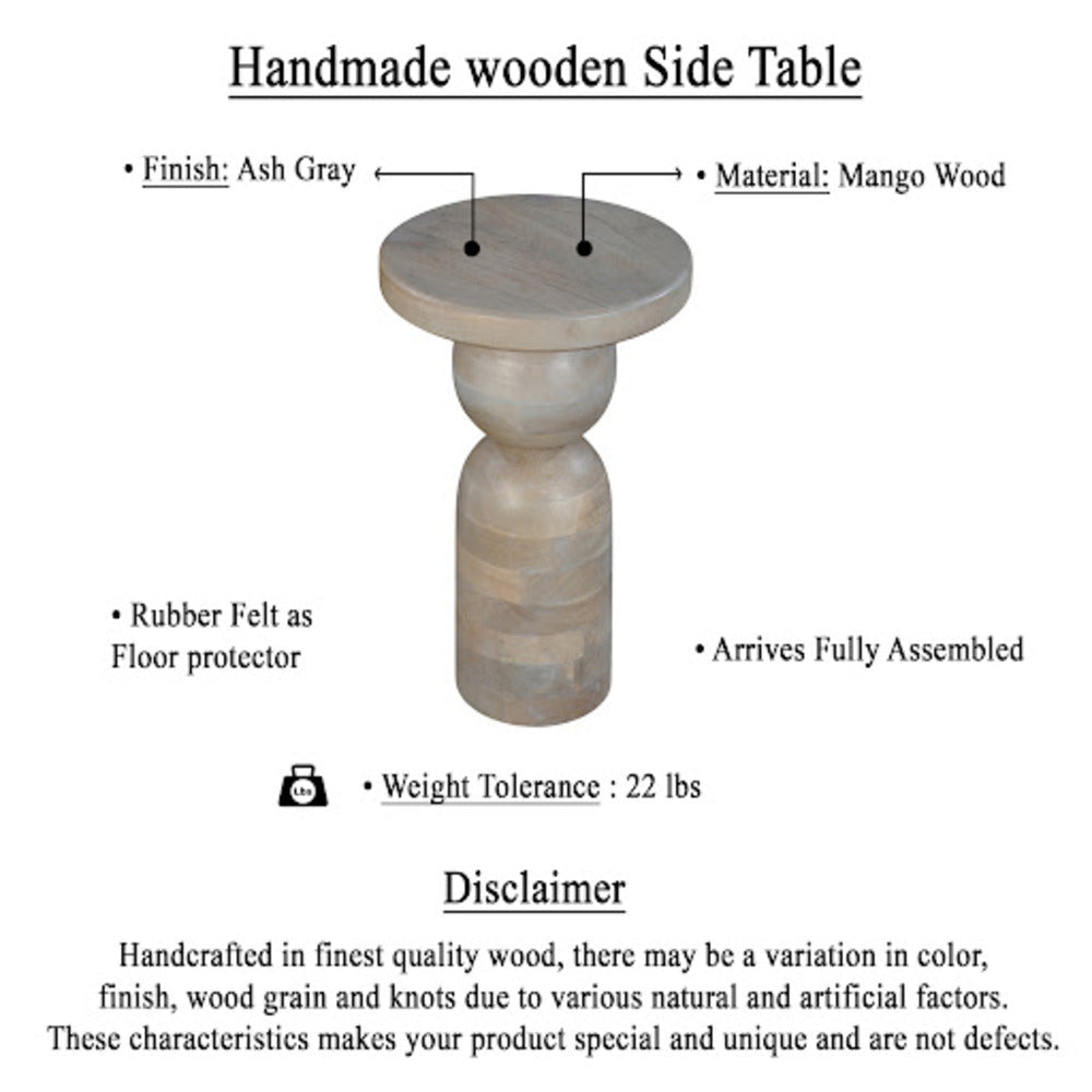 Tia 12 Inch Round Side End Table Turned Pedestal Base Beige Mango Wood in Natural Brown Finish By The Urban Port UPT-326718