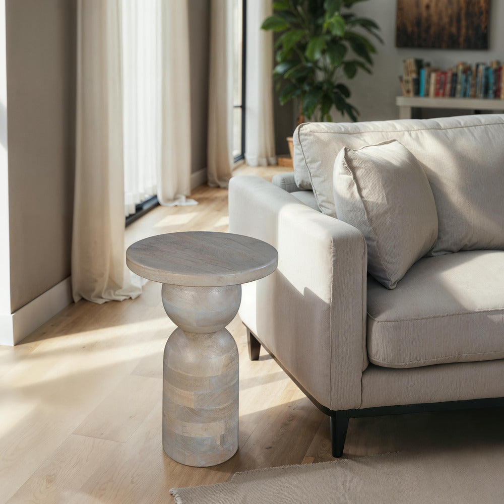 Tia 12 Inch Round Side End Table, Turned Pedestal Base, Beige Mango Wood in Natural Brown Finish By The Urban Port
