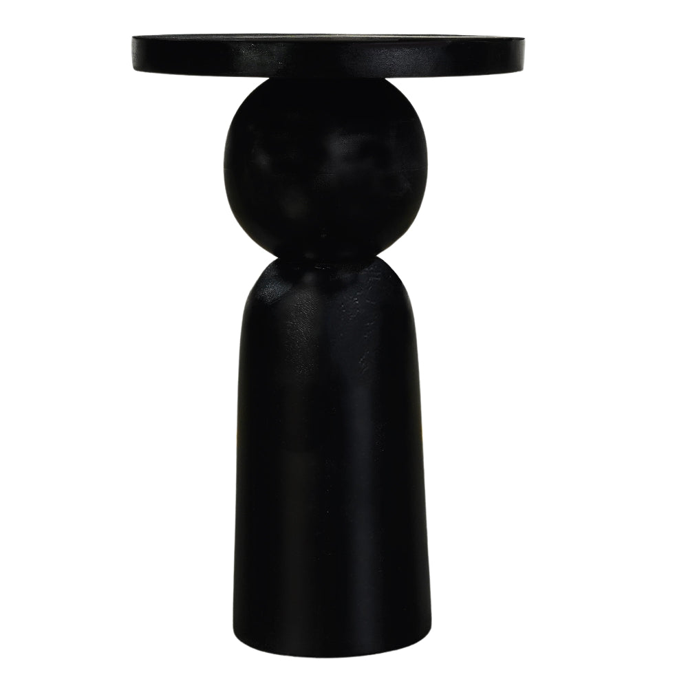 Tia 12 Inch Round Side End Table with Turned Pedestal Base, Mango Wood in Matte Black Finish By The Urban Port
