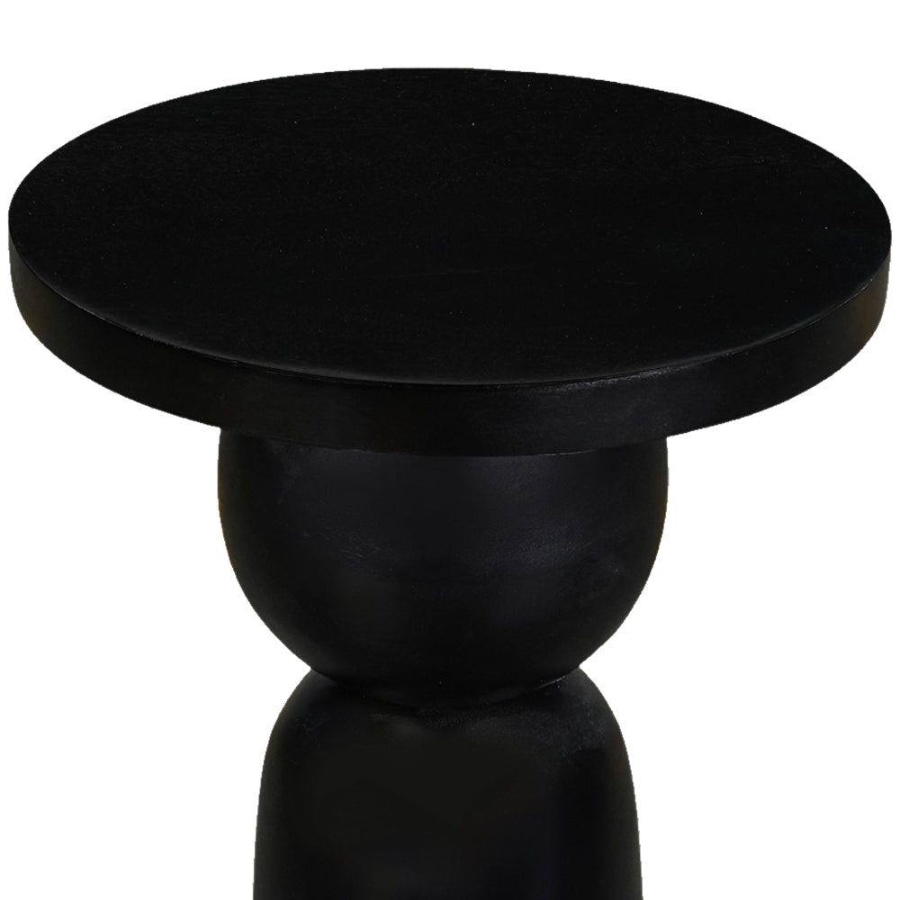 Tia 12 Inch Round Side End Table with Turned Pedestal Base, Mango Wood in Matte Black Finish By The Urban Port