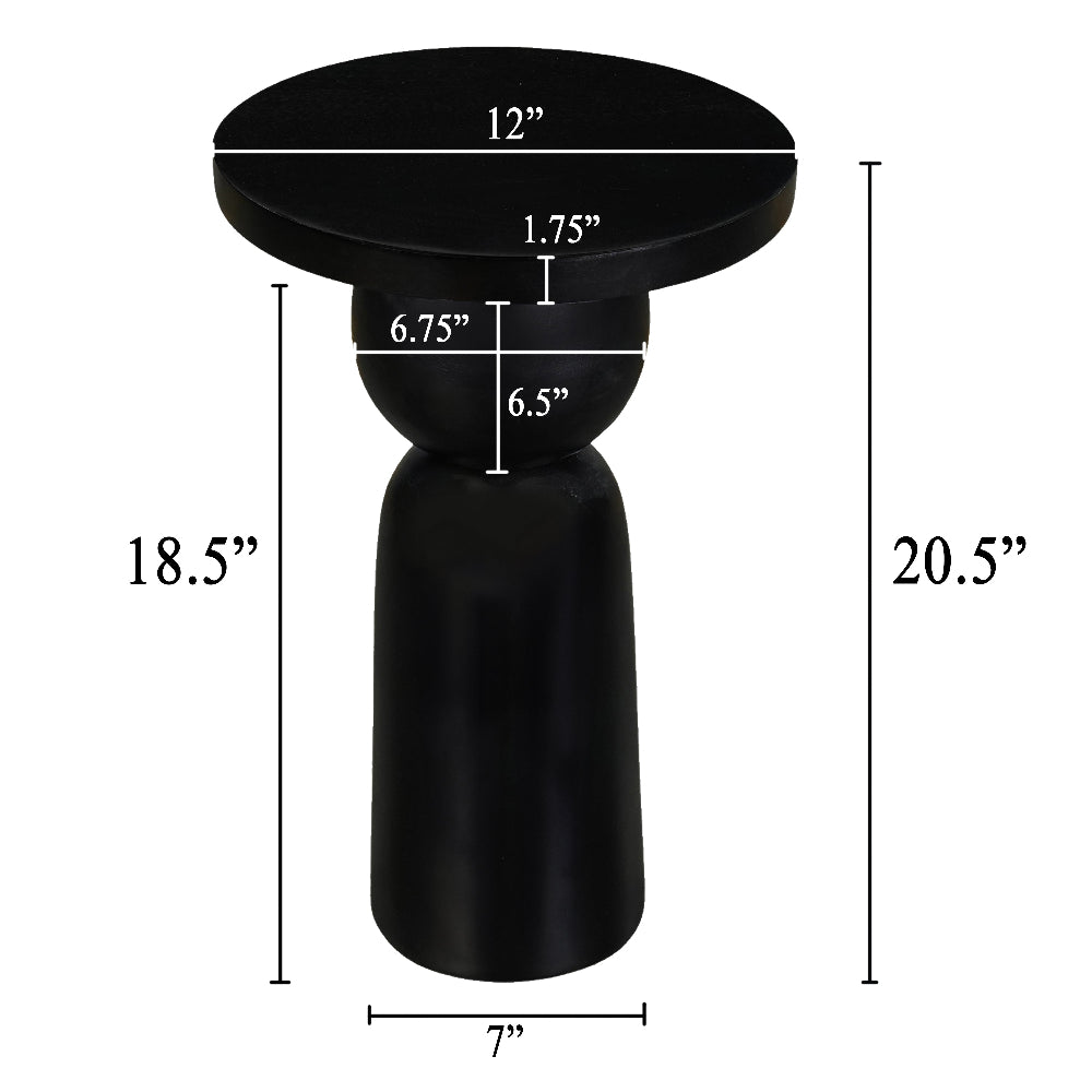Tia 12 Inch Round Side End Table with Turned Pedestal Base, Mango Wood in Matte Black Finish By The Urban Port