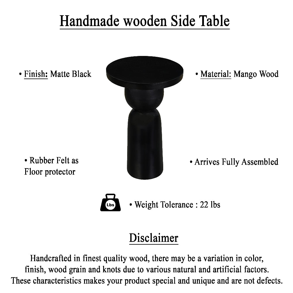 Tia 12 Inch Round Side End Table with Turned Pedestal Base, Mango Wood in Matte Black Finish By The Urban Port