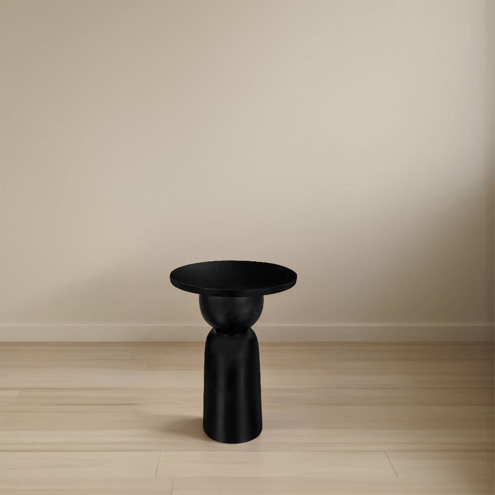 Tia 12 Inch Round Side End Table with Turned Pedestal Base, Mango Wood in Matte Black Finish By The Urban Port