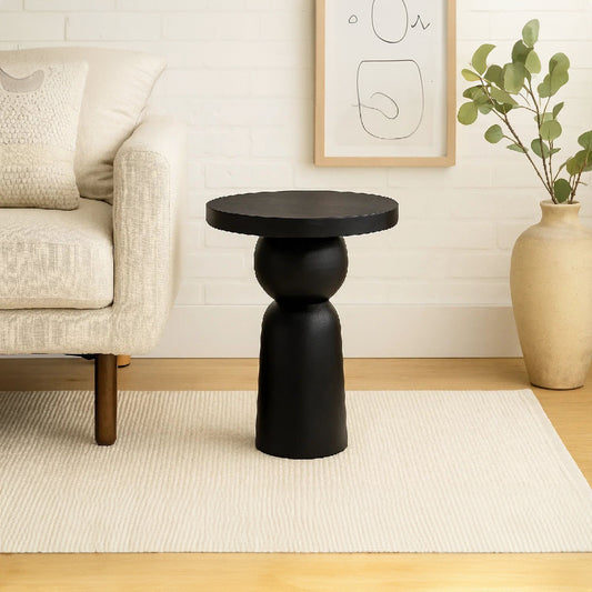 Tia 12 Inch Round Side End Table with Turned Pedestal Base, Mango Wood in Matte Black Finish By The Urban Port