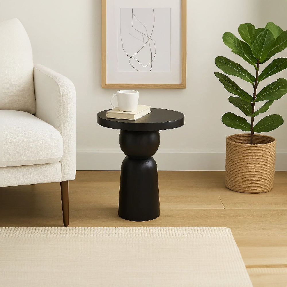 Tia 12 Inch Round Side End Table with Turned Pedestal Base, Mango Wood in Matte Black Finish By The Urban Port