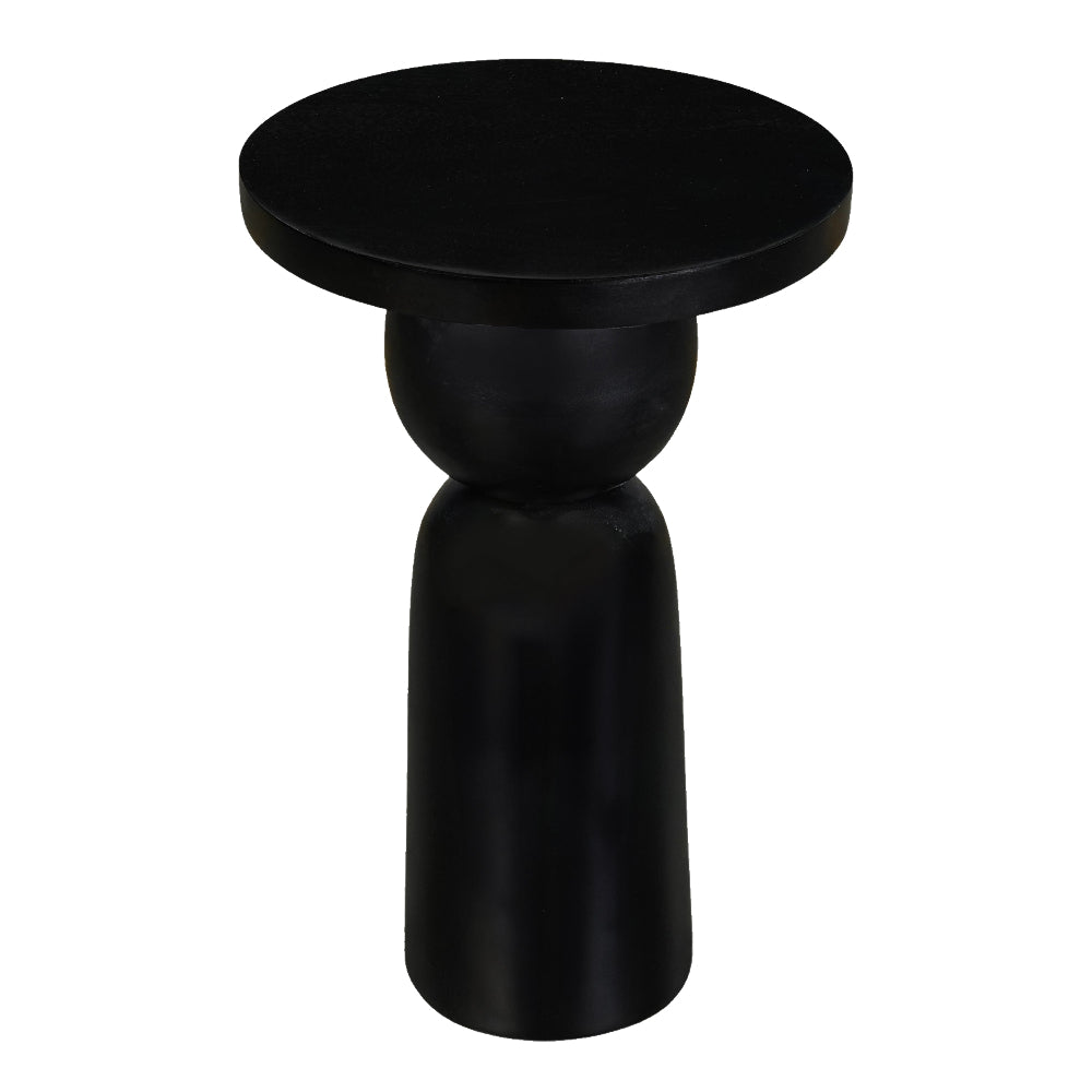Tia 12 Inch Round Side End Table with Turned Pedestal Base, Mango Wood in Matte Black Finish By The Urban Port