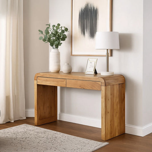Arlow Console Table | 43" Wide Top | Handcrafted Natural Brown Acacia Wood | Dual Drawer Storage By The Urban Port