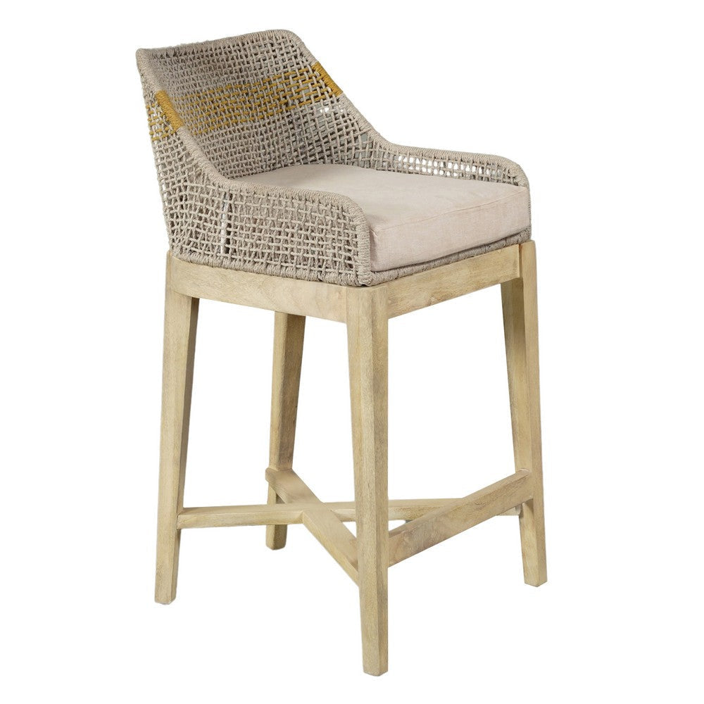 Avira 30 Inch Set of 2 Barstool Chairs | Handcrafted Mango Wood | Cotton Rope Weaving | Beige Cushion By The Urban Port