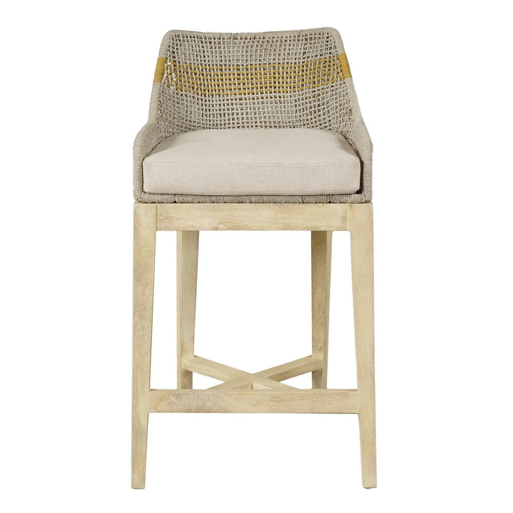 Avira 30 Inch Set of 2 Barstool Chairs | Handcrafted Mango Wood | Cotton Rope Weaving | Beige Cushion By The Urban Port