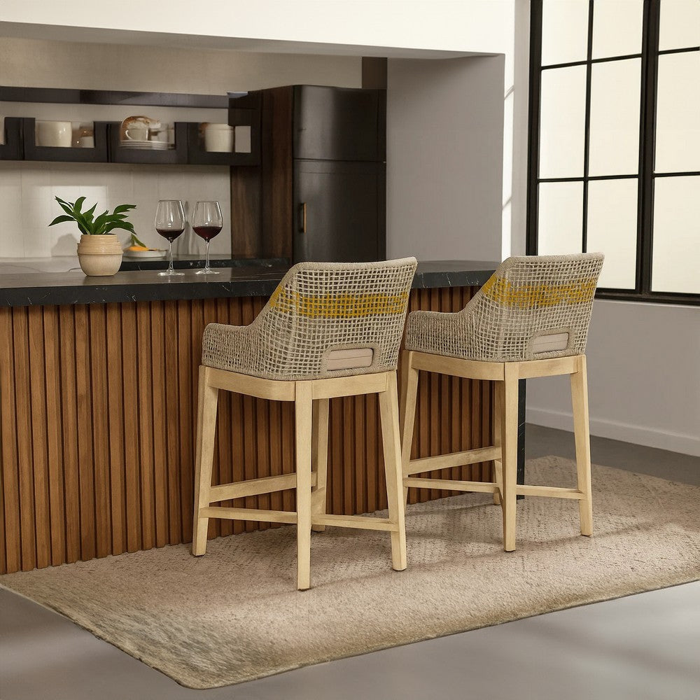 Avira 30 Inch Set of 2 Barstool Chairs | Handcrafted Mango Wood | Cotton Rope Weaving | Beige Cushion By The Urban Port