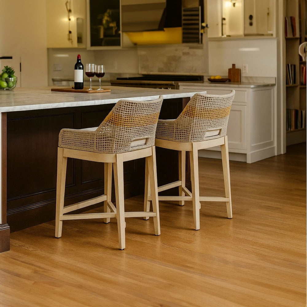 Avira 30 Inch Set of 2 Barstool Chairs | Handcrafted Mango Wood | Cotton Rope Weaving | Beige Cushion By The Urban Port