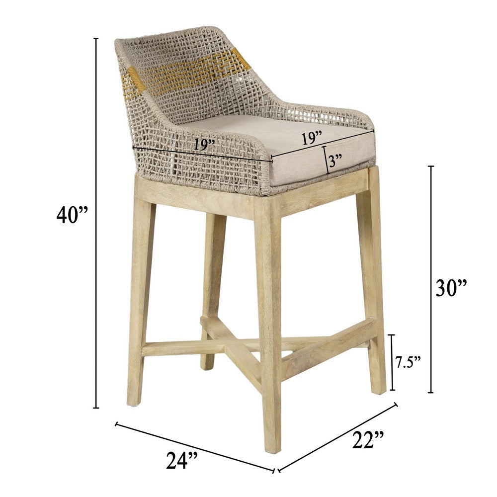 Avira 30 Inch Set of 2 Barstool Chairs | Handcrafted Mango Wood | Cotton Rope Weaving | Beige Cushion By The Urban Port