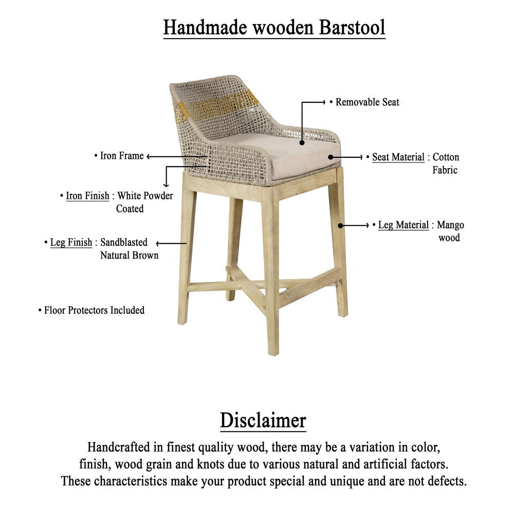 Avira 30 Inch Set of 2 Barstool Chairs | Handcrafted Mango Wood | Cotton Rope Weaving | Beige Cushion By The Urban Port