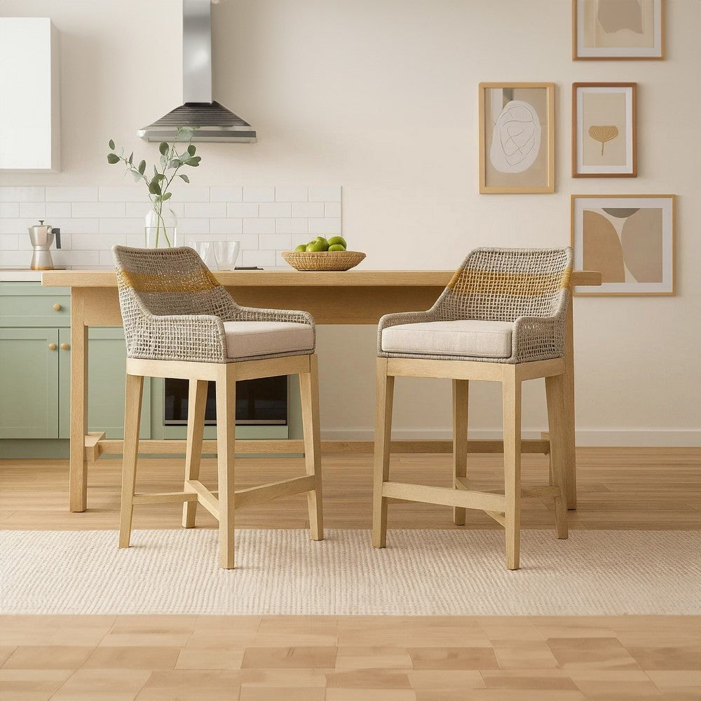 Avira 30 Inch Set of 2 Barstool Chairs | Handcrafted Mango Wood | Cotton Rope Weaving | Beige Cushion  By The Urban Port