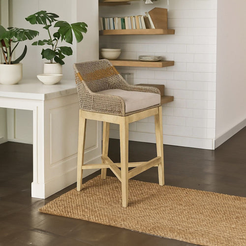 Avira 30 Inch Barstool Chair | Handcrafted Mango Wood | Cotton Rope Weaving | Beige Cushion  By The Urban Port