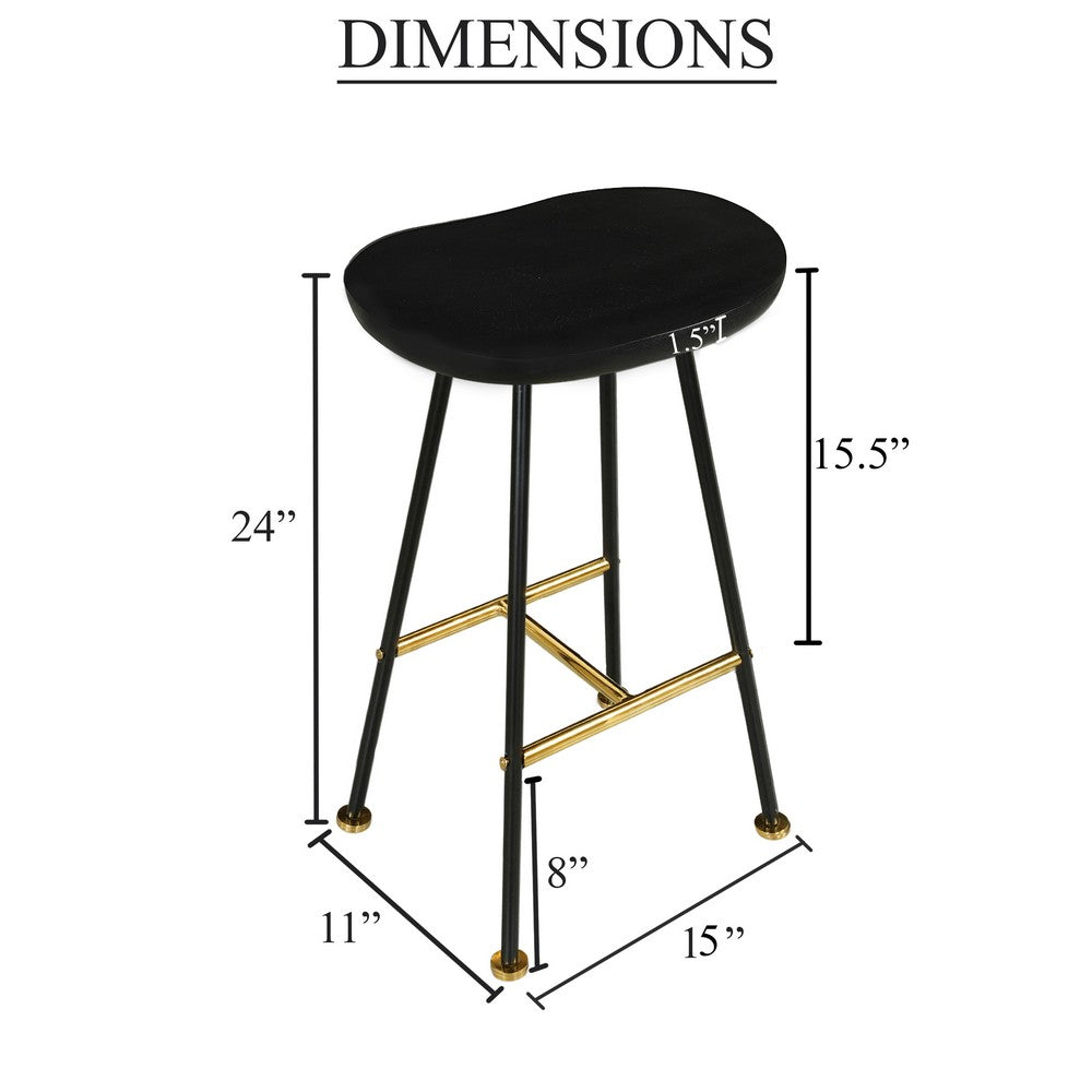 Elira 24" Backless Counter Barstool | Mango Wood Saddle Seat | Black Iron Legs | Gold Footrest By The Urban Port