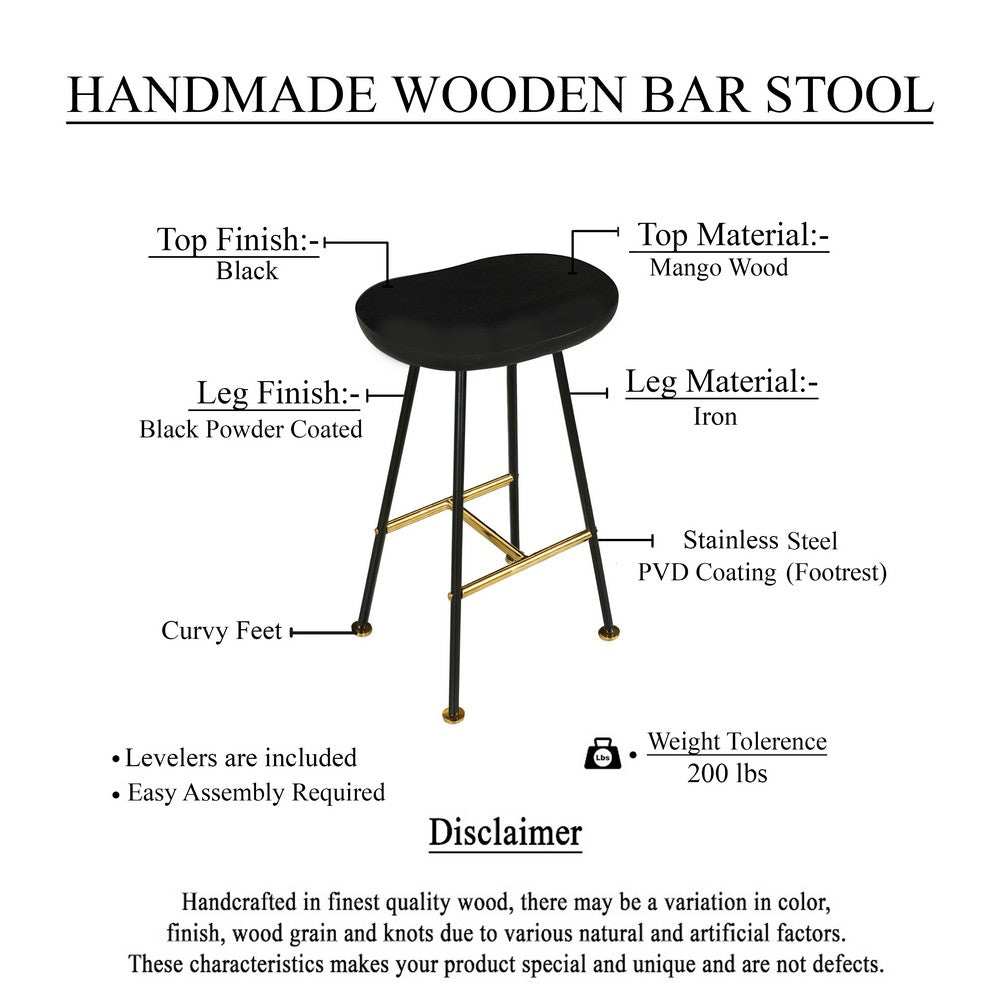 Elira 24" Backless Counter Barstool | Mango Wood Saddle Seat | Black Iron Legs | Gold Footrest By The Urban Port