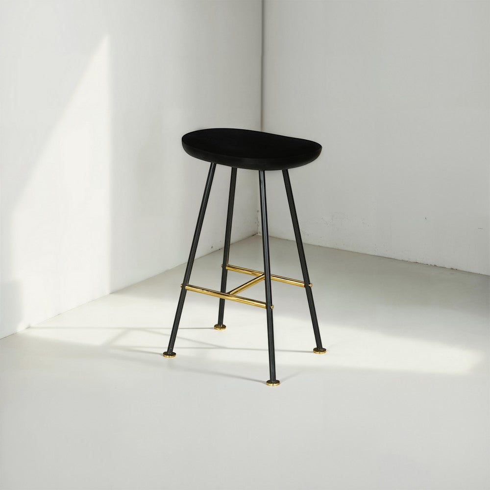 Elira 24" Backless Counter Barstool | Mango Wood Saddle Seat | Black Iron Legs | Gold Footrest By The Urban Port