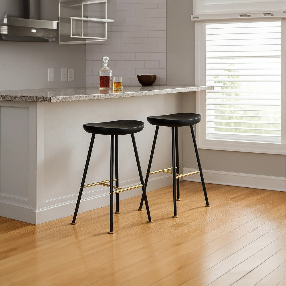 Elira 24" Backless Counter Barstool | Mango Wood Saddle Seat | Black Iron Legs | Gold Footrest By The Urban Port