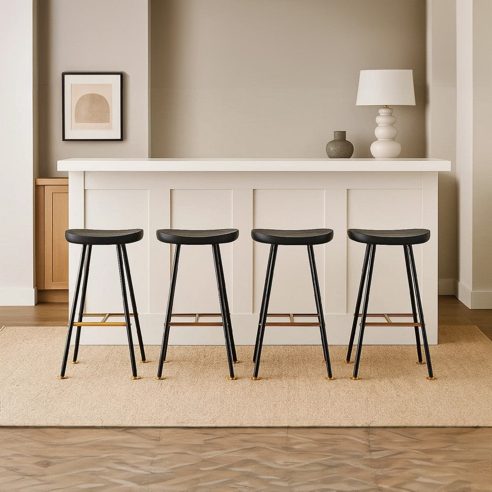 Elira 24" Backless Counter Barstool | Mango Wood Saddle Seat | Black Iron Legs | Gold Footrest By The Urban Port