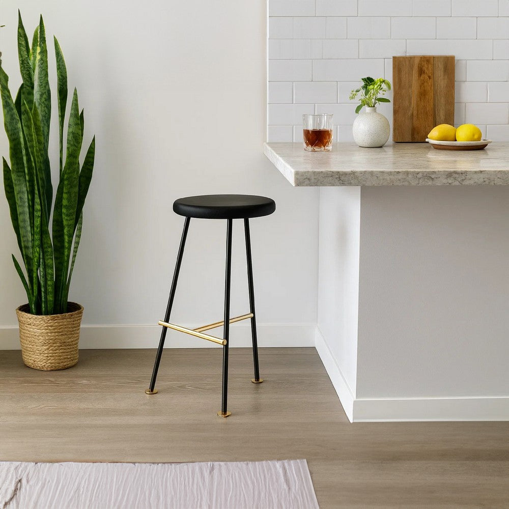 Elira 24" Backless Counter Stool with Round Mango Wood Seat | Black Iron Legs | Gold Footrest By The Urban Port