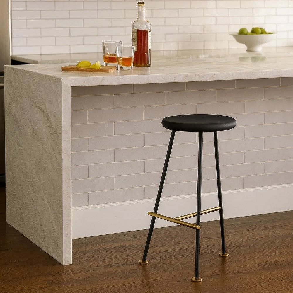 Elira 24" Backless Counter Stool with Round Mango Wood Seat | Black Iron Legs | Gold Footrest By The Urban Port