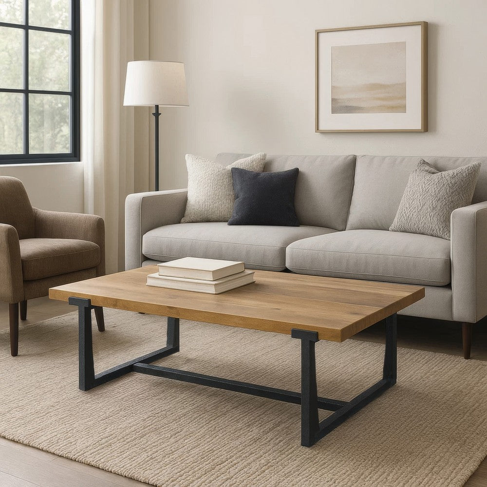 Marlon 48" Coffee Table | Handmade Aluminum Cast Black Frame | Natural Brown Solid Mango Wood Top By The Urban Port