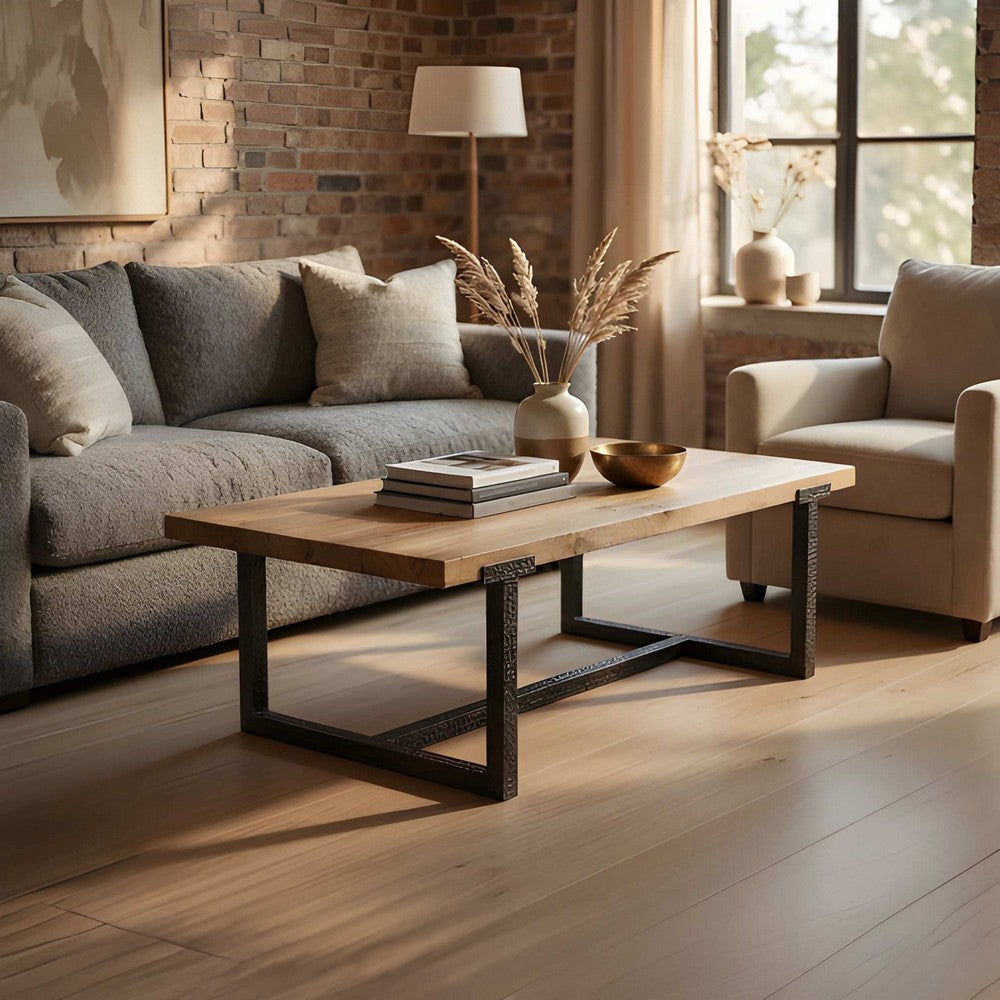Marlon 48" Coffee Table | Handmade Aluminum Cast Black Frame | Natural Brown Solid Mango Wood Top By The Urban Port