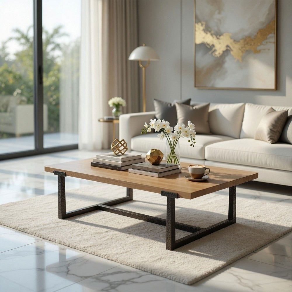 Marlon 48" Coffee Table | Handmade Aluminum Cast Black Frame | Natural Brown Solid Mango Wood Top By The Urban Port