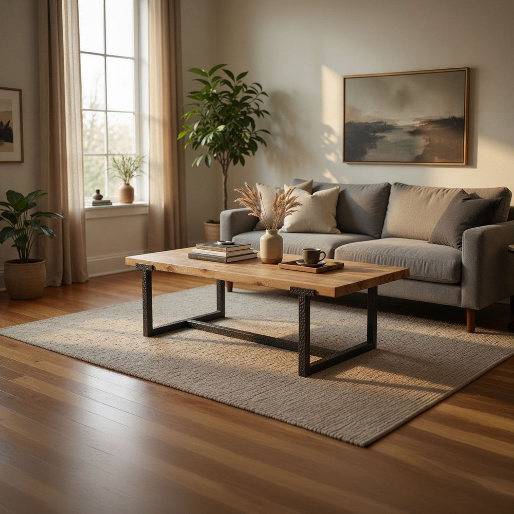 Marlon 48" Coffee Table | Handmade Aluminum Cast Black Frame | Natural Brown Solid Mango Wood Top By The Urban Port