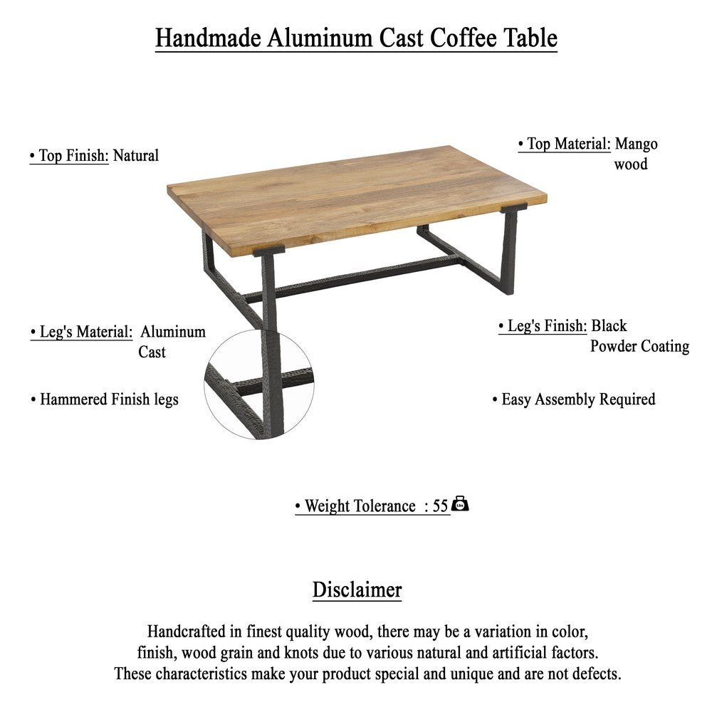 Marlon 48" Coffee Table | Handmade Aluminum Cast Black Frame | Natural Brown Solid Mango Wood Top By The Urban Port