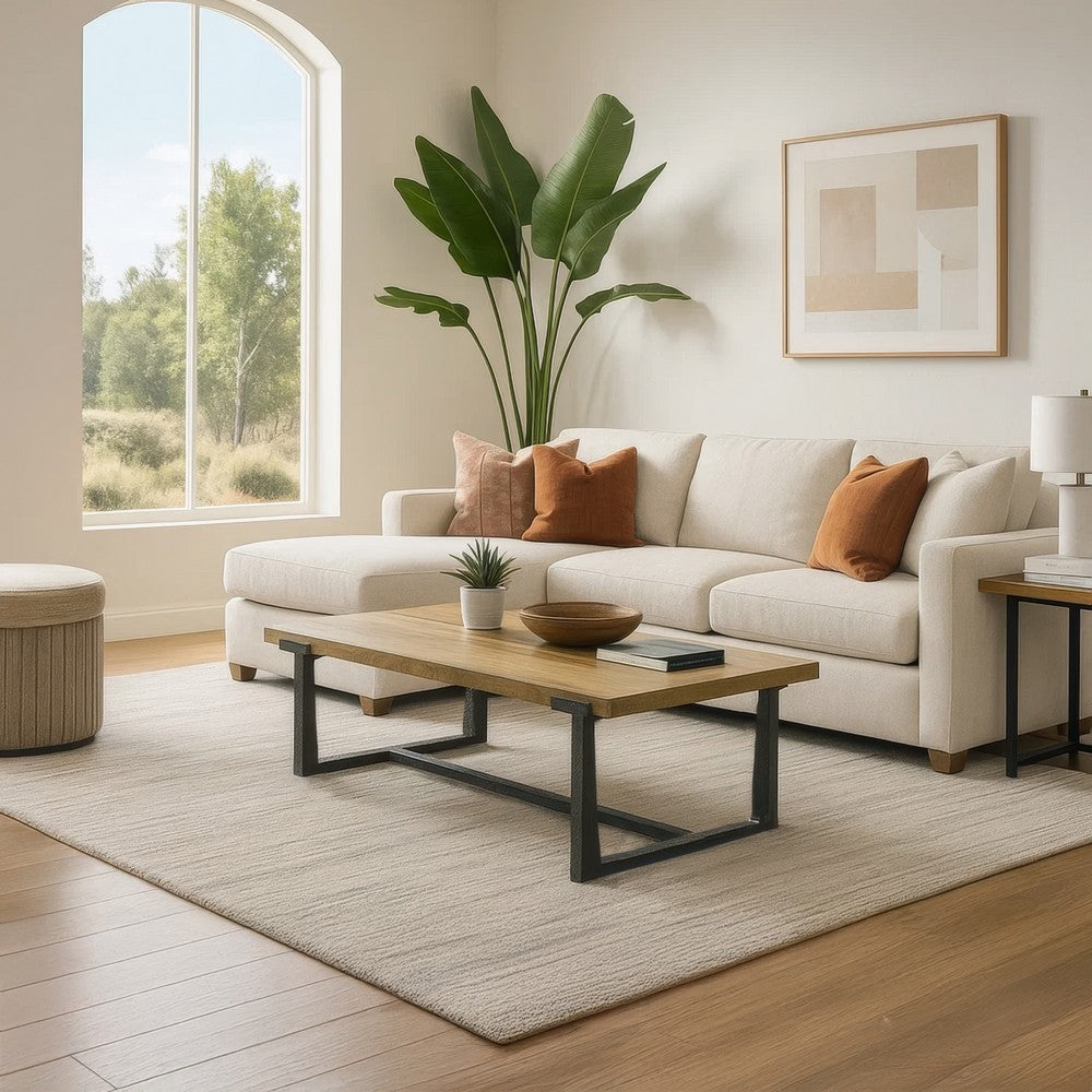 Marlon 48’’ Coffee Table | Handmade Aluminum Cast Black Frame | Natural Brown Solid Mango Wood Top By The Urban Port UPT-327662