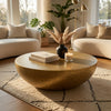 Antique Brass Coffee Table, 36 Inch Round Bowl Base with Hand Etched Texture, By The Urban Port