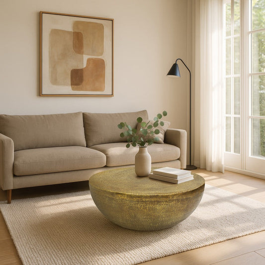 Antique Brass Coffee Table, 36 Inch Round Bowl Base with Hand Etched Texture, By The Urban Port