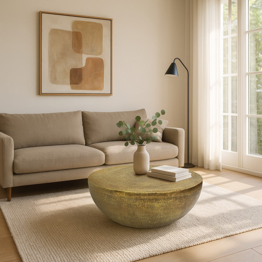 Antique Brass Coffee Table, 36 Inch Round Bowl Base with Hand Etched Texture, By The Urban Port