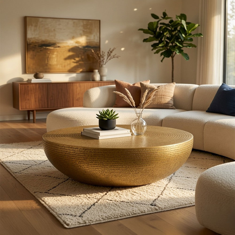 Antique Brass Coffee Table, 36 Inch Round Bowl Base with Hand Etched Texture, By The Urban Port