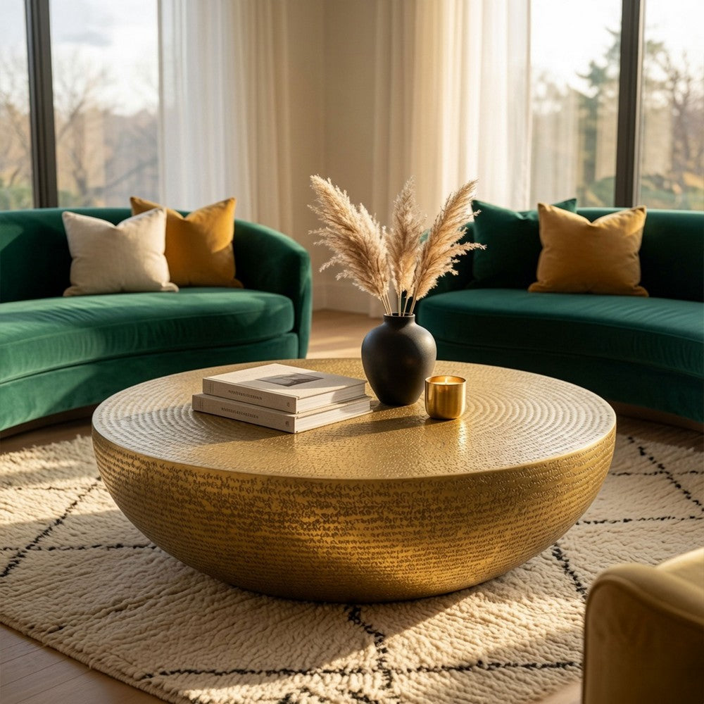 Antique Brass Coffee Table, 36 Inch Round Bowl Base with Hand Etched Texture, By The Urban Port