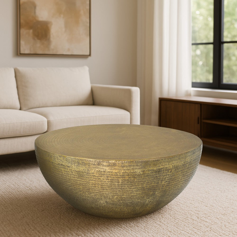Antique Brass Coffee Table 36 Inch Round Bowl Base with Hand Etched Texture By The Urban Port UPT-327663