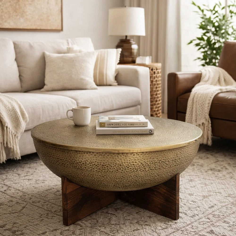 Arden Coffee Table | Round Hammered Metal Top | Mango Wood Base| Antique Brass By The Urban Port