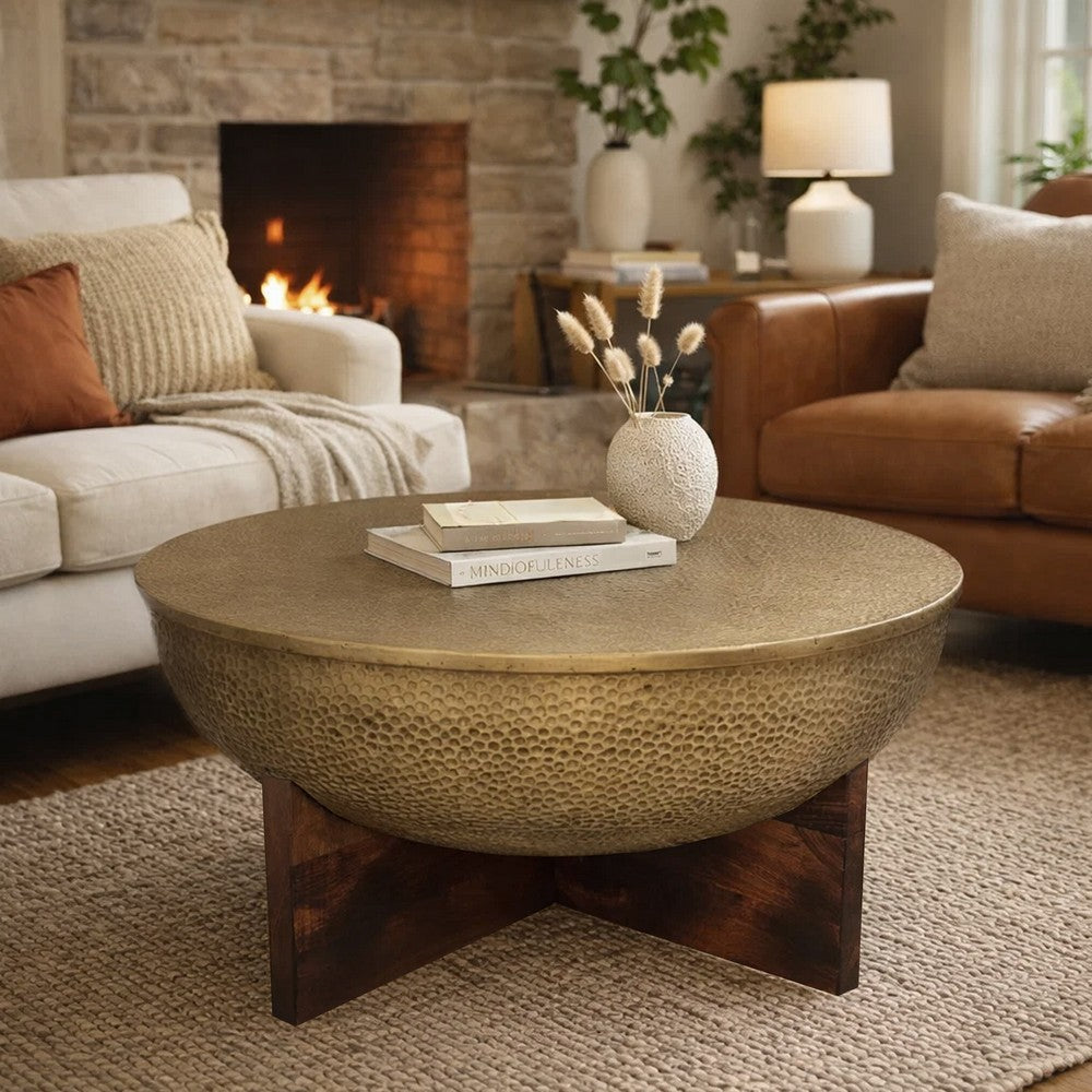 Arden Coffee Table | Round Hammered Metal Top | Mango Wood Base| Antique Brass By The Urban Port