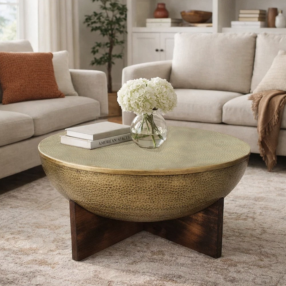 Arden Coffee Table | Round Hammered Metal Top | Mango Wood Base| Antique Brass By The Urban Port