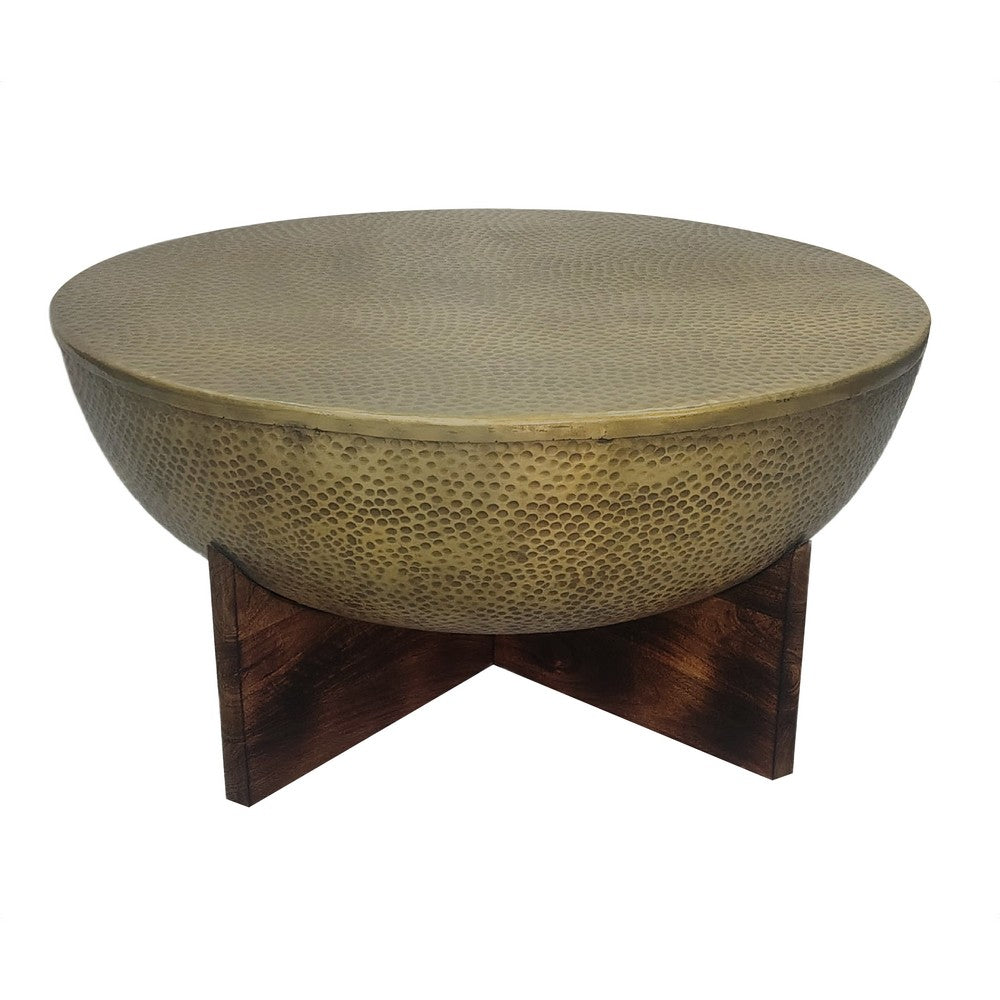 Arden Coffee Table | Round Hammered Metal Top | Mango Wood Base| Antique Brass By The Urban Port