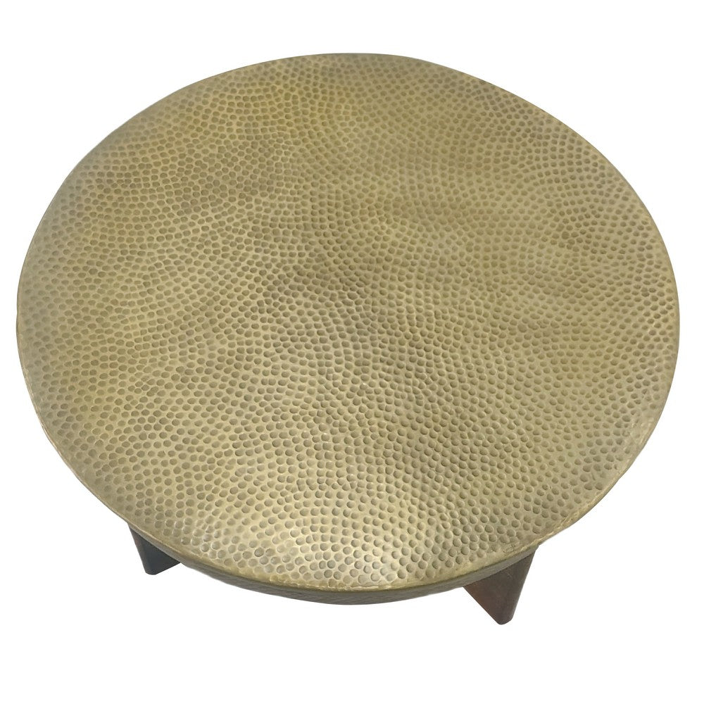 Arden Coffee Table | Round Hammered Metal Top | Mango Wood Base| Antique Brass By The Urban Port