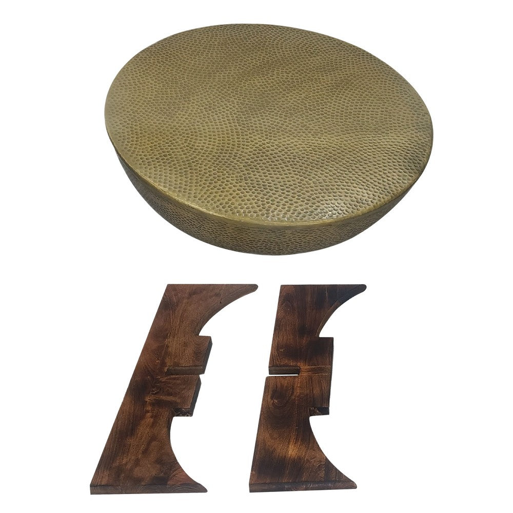 Arden Coffee Table | Round Hammered Metal Top | Mango Wood Base| Antique Brass By The Urban Port