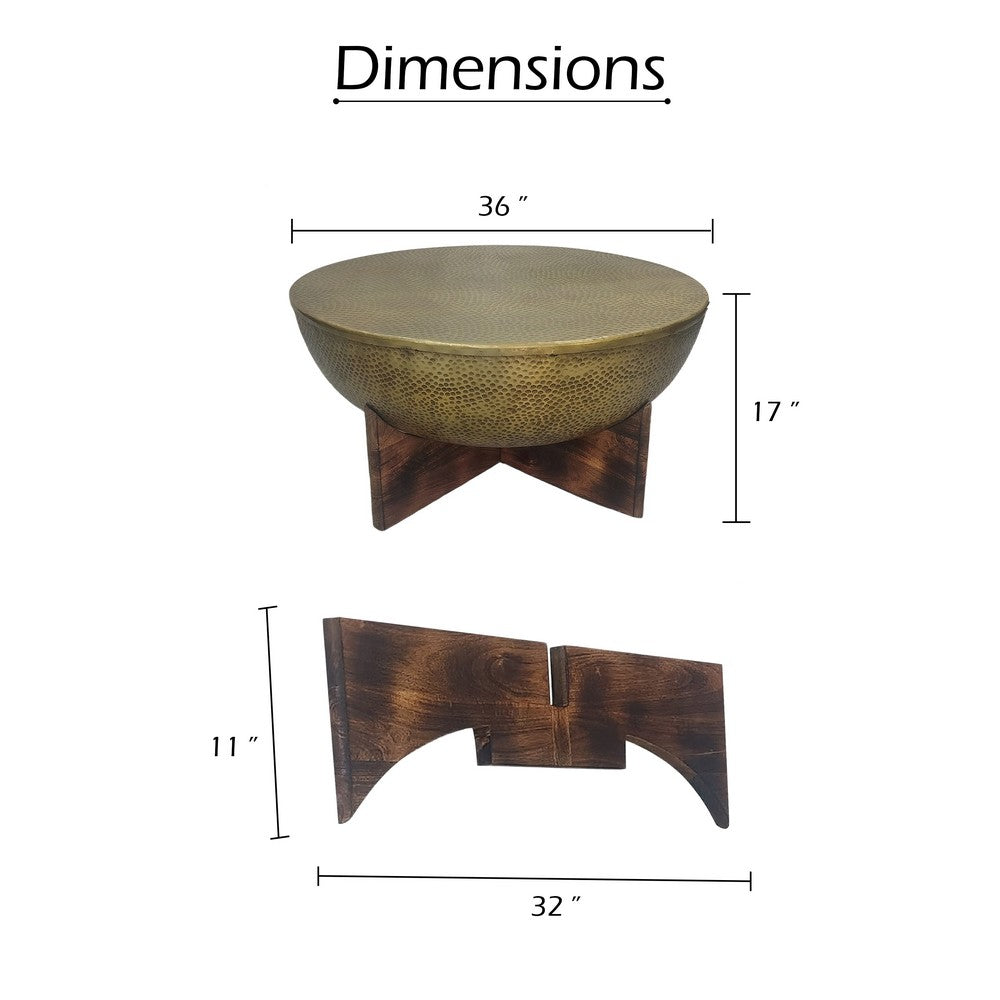 Arden Coffee Table | Round Hammered Metal Top | Mango Wood Base| Antique Brass By The Urban Port