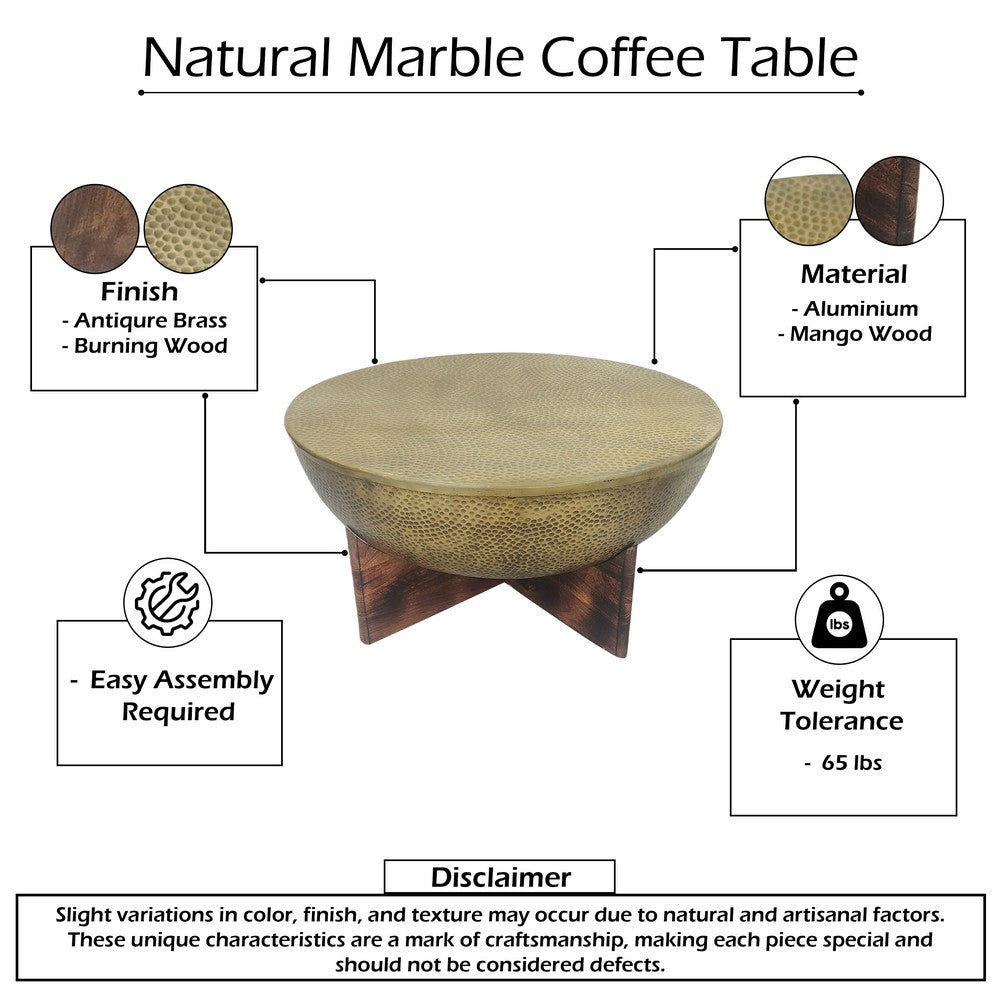 Arden Coffee Table | Round Hammered Metal Top | Mango Wood Base| Antique Brass By The Urban Port