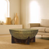 Arden Coffee Table | Round Hammered Metal Top | Mango Wood Base| Antique Brass By The Urban Port