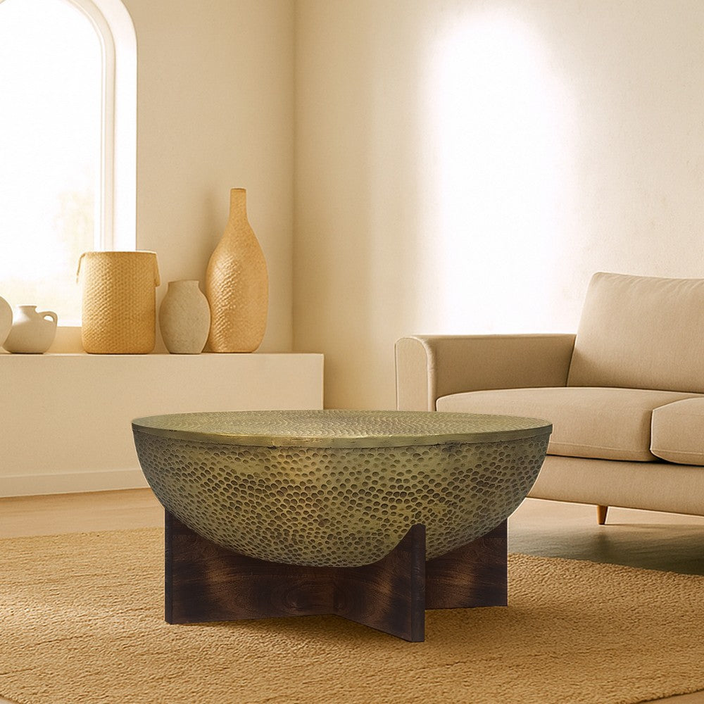 Arden Coffee Table | Round Hammered Metal Top | Mango Wood Base| Antique Brass By The Urban Port