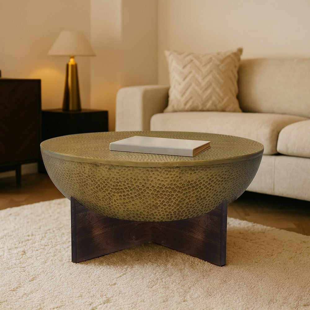Arden Coffee Table | Round Hammered Metal Top | Mango Wood Base| Antique Brass By The Urban Port