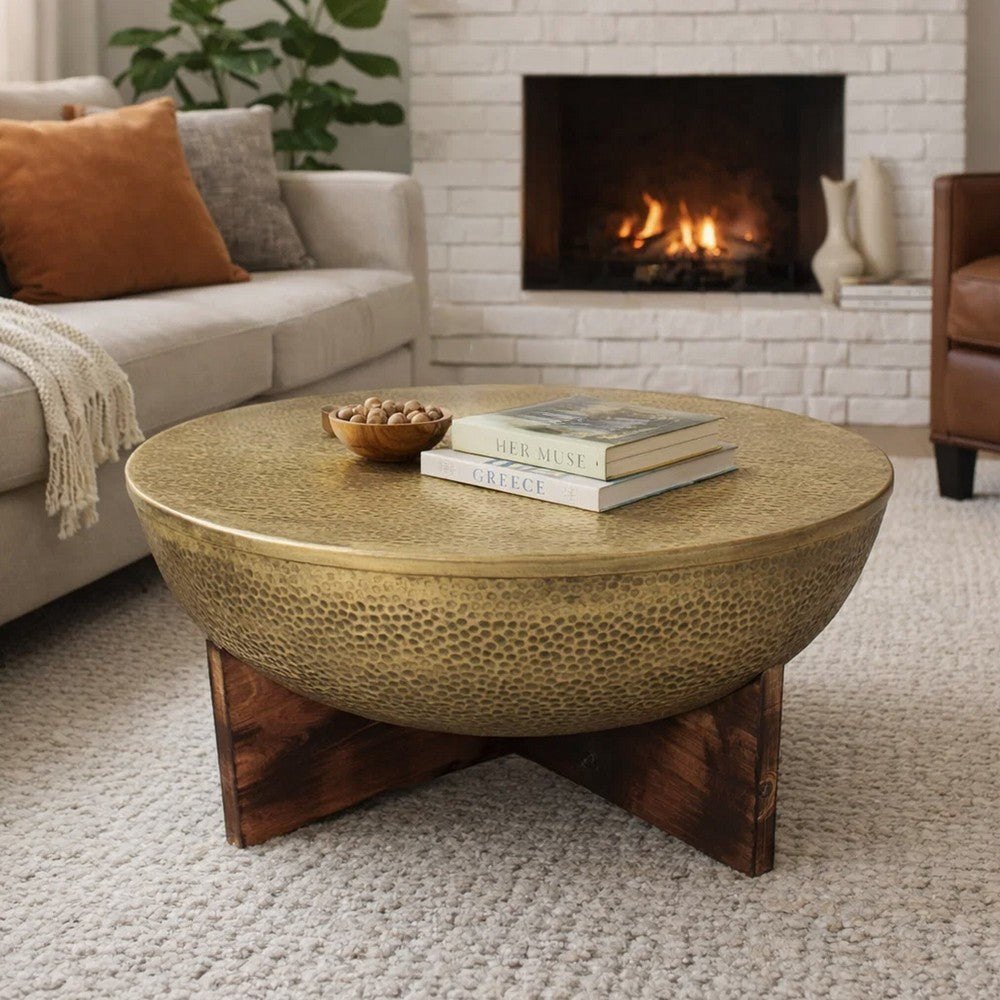 Arden Coffee Table | Round Hammered Metal Top | Mango Wood Base| Antique Brass By The Urban Port